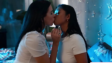 Big tit Asian stepdaughter licks busty stepmoms shaved pussy